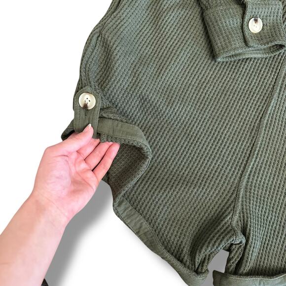 Olive Green‎ Waffle Knit Button-Up Romper Size L Long Sleeve Collared Lounge - Picture 9 of 10